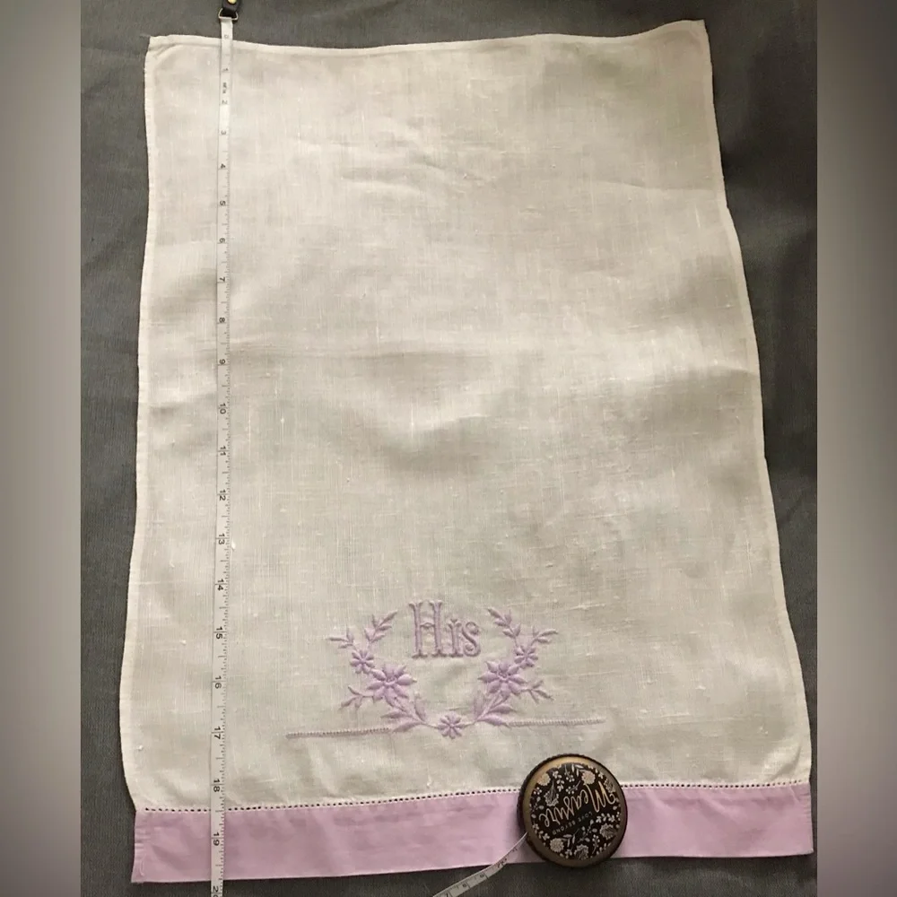 Vintage Embroidered His and Hers Linen Towels - white and lavender